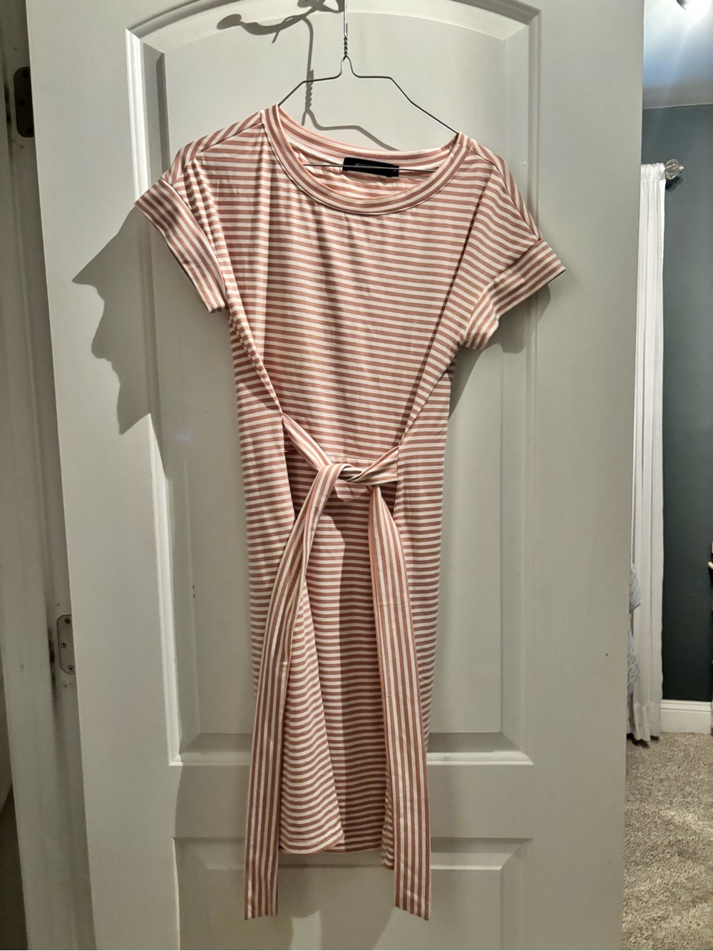 Striped Tie-Waist Short Sleeve Dress in Blush